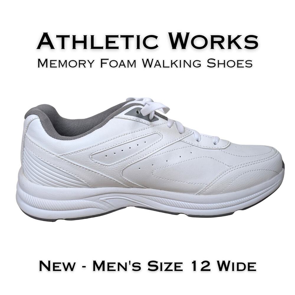 Athletic Works Sneakers Mens 12 Wide White Gray Memory Foam Walking Shoes NEW